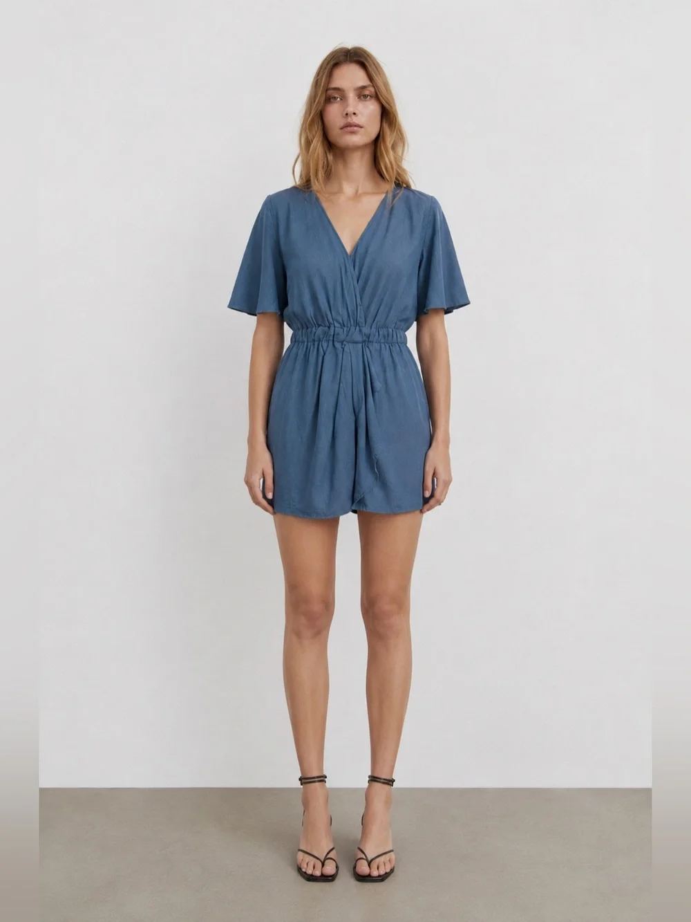 Zara Blue Linen Blend Wrap Romper L V-Neck Flutter Sleeve Keyhole Back Summer